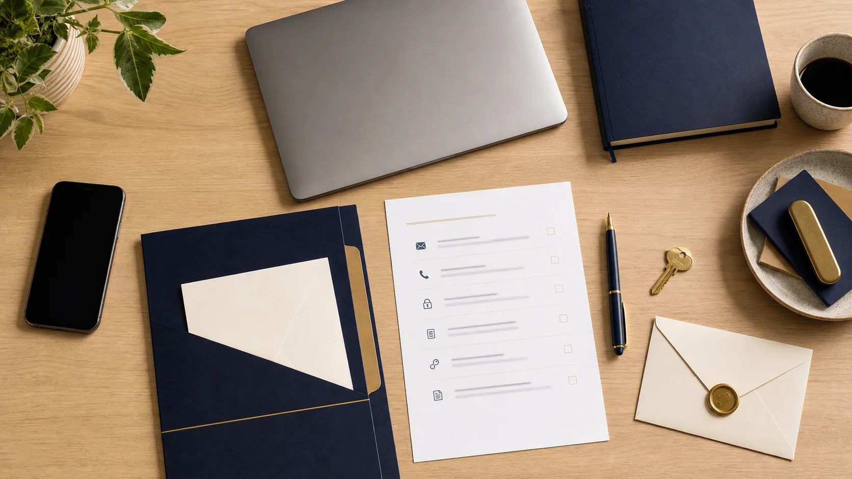 A phone, folder, checklist, key, pen, and sealed envelope on a desk, representing practical digital estate planning.