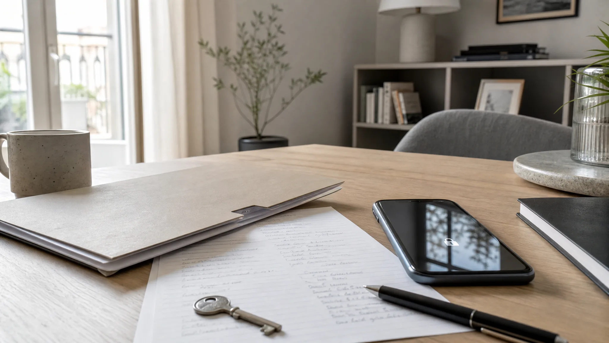 A phone, document folder, key, pen, and handwritten notes on a table, representing practical digital estate planning.