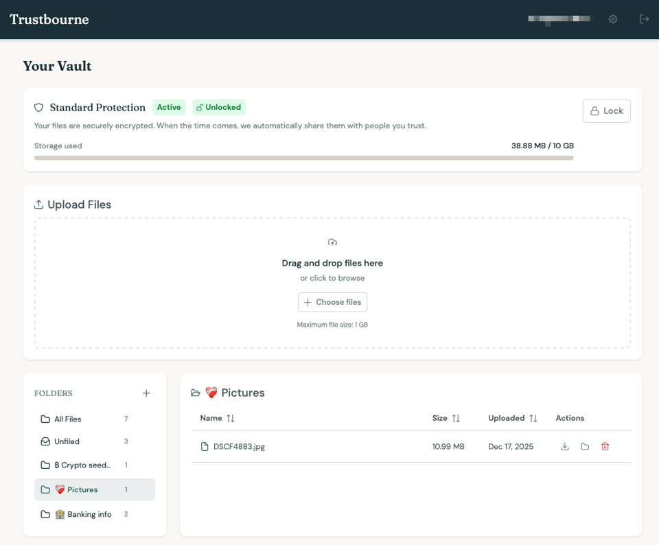 Trustbourne Vault dashboard showing folders and files