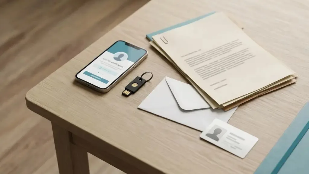 A phone, security key, sealed envelope, estate documents, and ID card arranged on a warm desk, representing digital identity and delegated access.