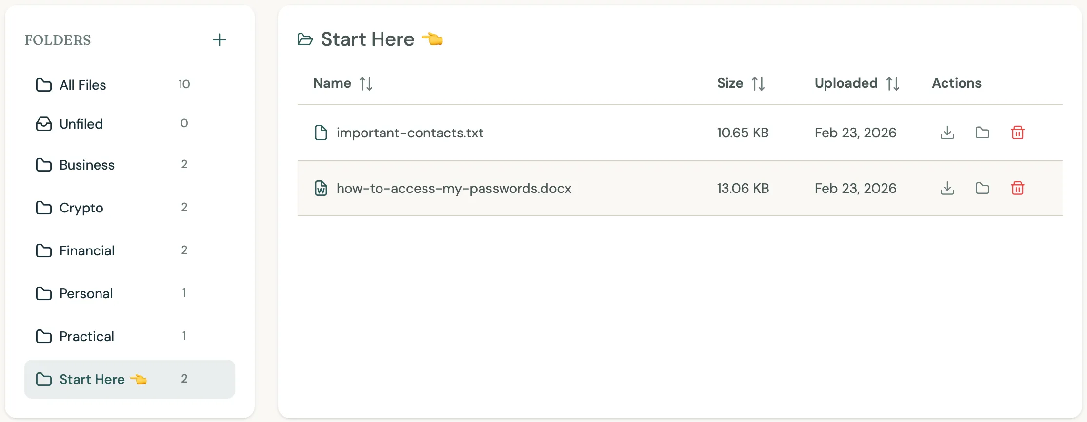 Vault folder structure showing Start Here, Business, Crypto, Financial, Personal, and Practical folders