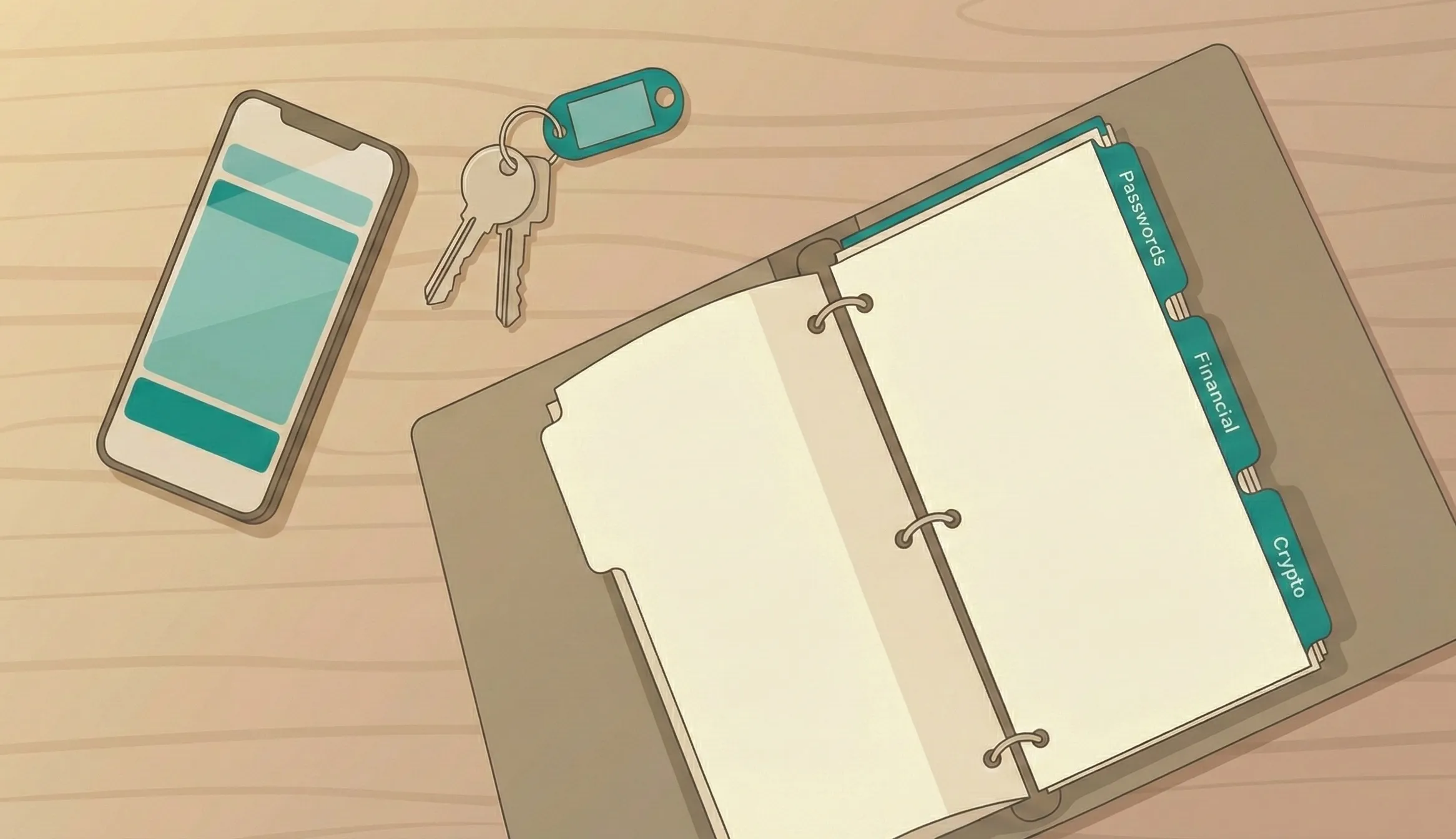 An open binder with tabbed sections next to a phone and keys