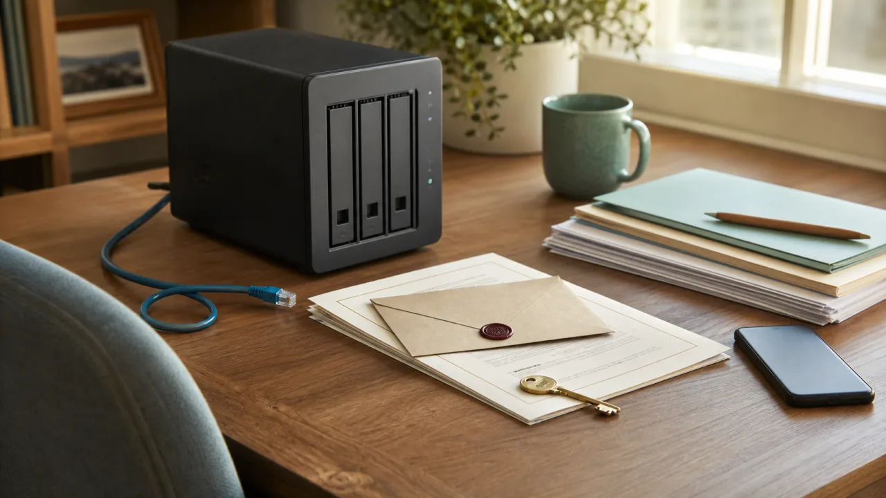 A small home server, ethernet cable, sealed envelope, key, phone, and estate papers arranged on a warm desk, representing the fragility of self-hosted continuity planning.