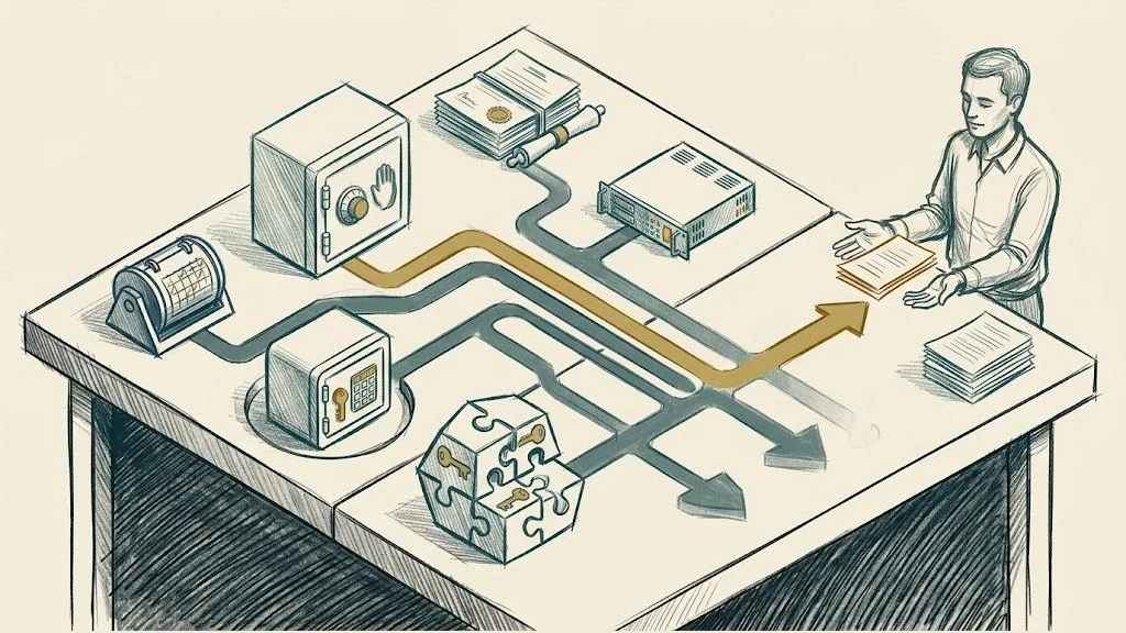 Different digital handover mechanisms matched to files, passwords, platform data, crypto and self-hosting outcomes.
