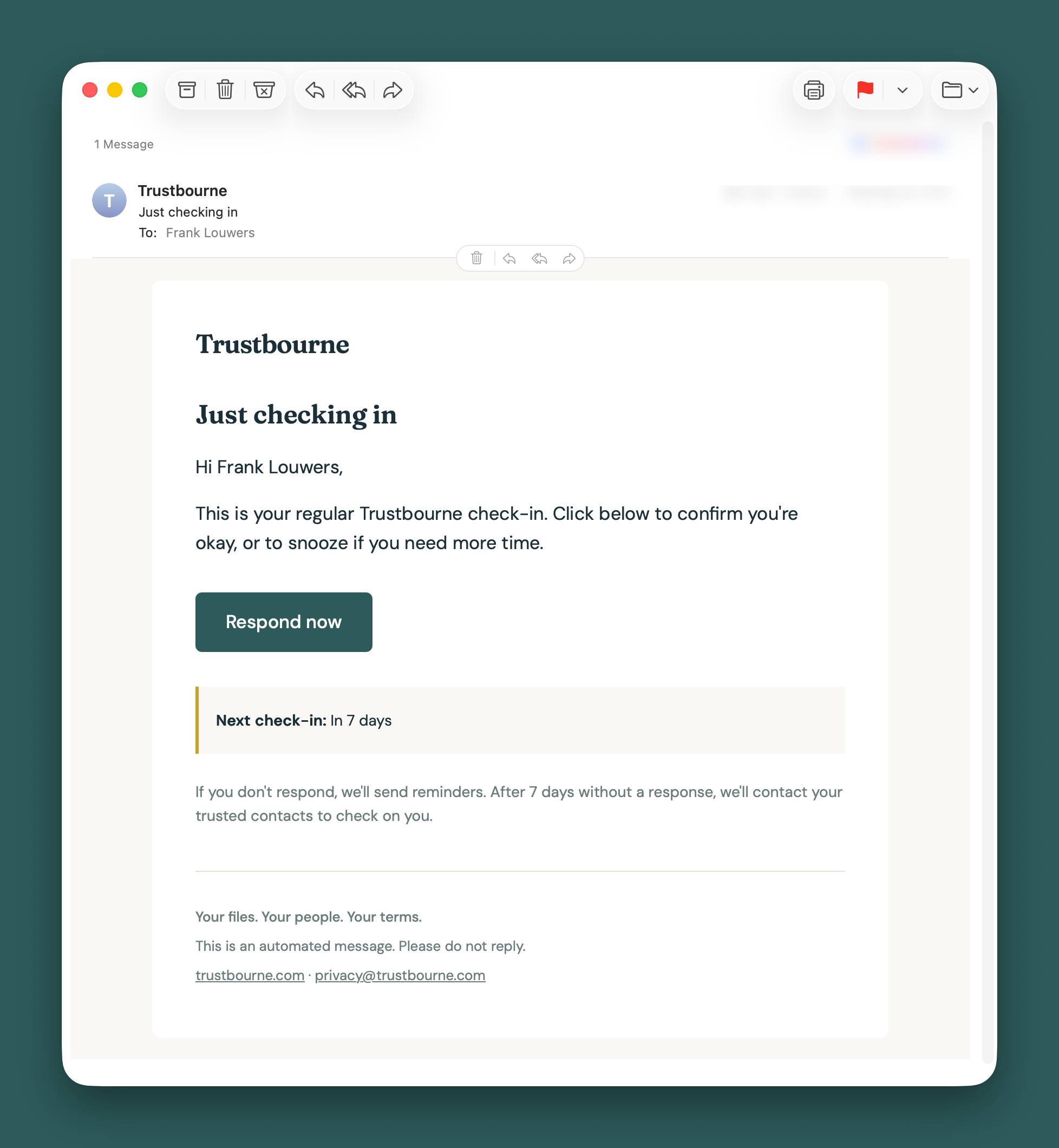 Example check-in email with one-tap response button