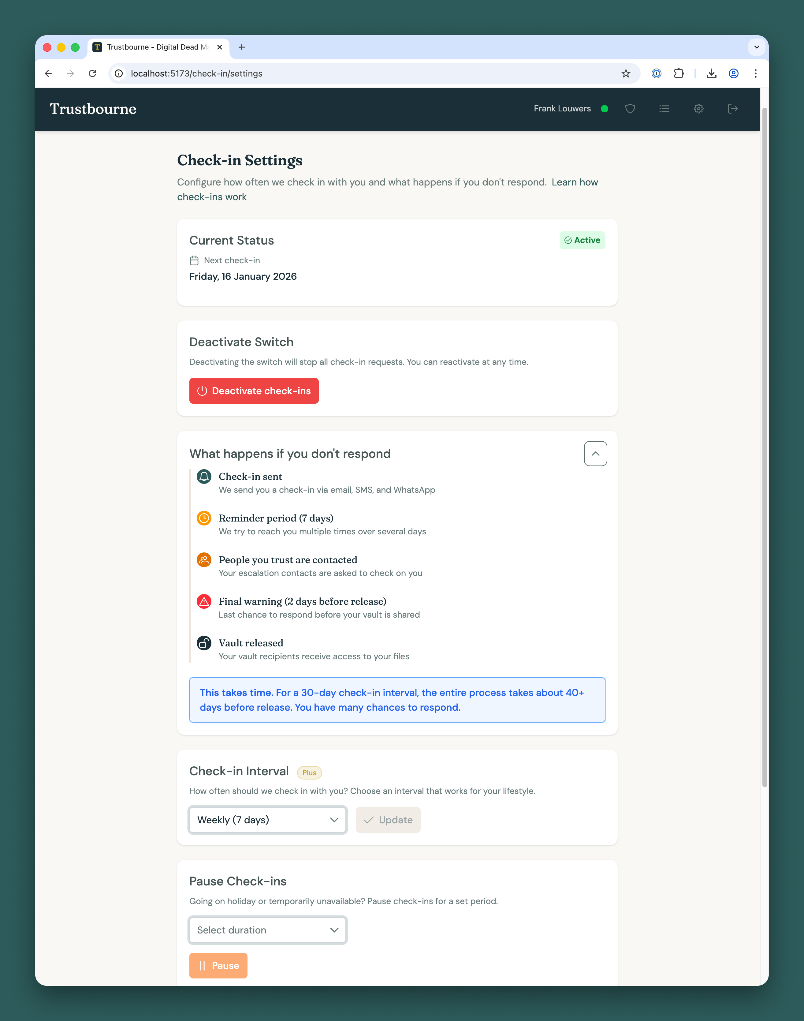 Check-in settings with interval and channel options