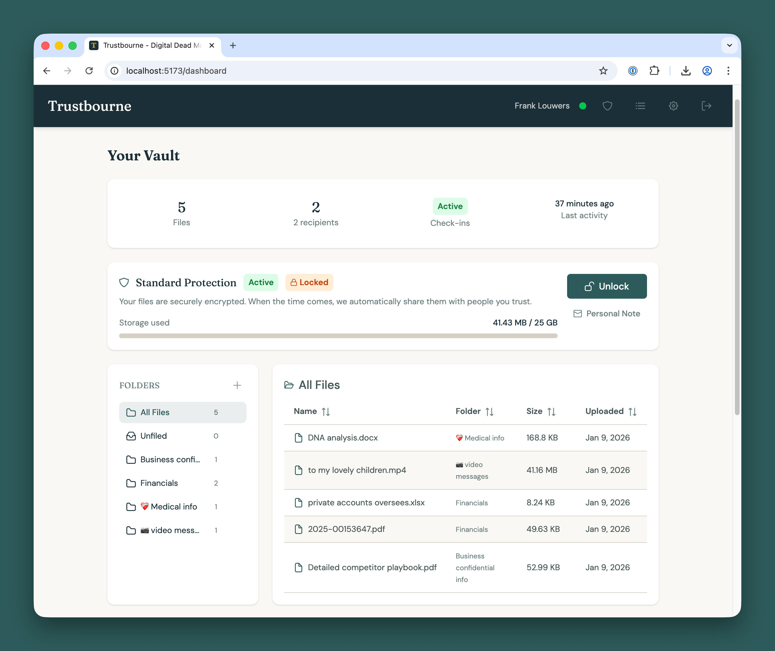 Trustbourne dashboard showing vault overview with files and next check-in date